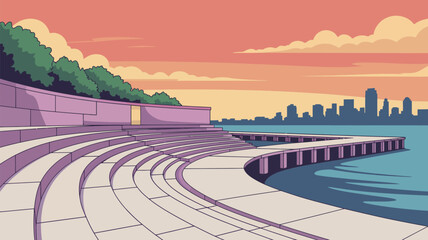 A stylized illustration of an amphitheater near water with a city skyline at sunset view point