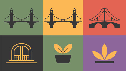 Graphic icons of bridges door and plants on a colorful background in a square arrangement layout
