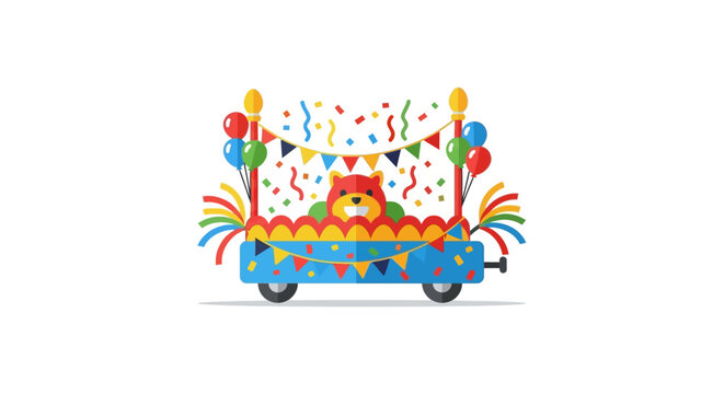 Cartoon parade float illustration featuring a smiling animal character in a cheerful carnival setup