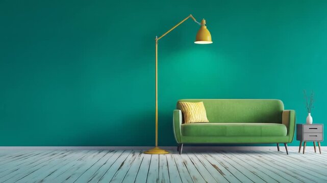 Modern living room interior with green sofa and lamp against teal wall