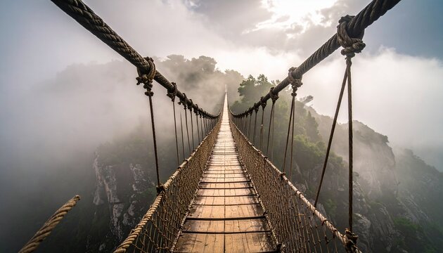 Journey across a breathtaking wooden suspension bridge disappearing into misty, dramatic mountain scenery with sunbeams breaking through clouds, inspiring adventure and exploration.