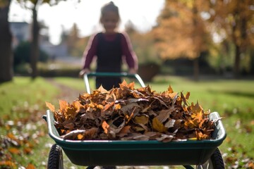 Child gathers autumn leaves using a wheelbarrow in sunny park setting