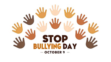 Stop bullying day poster with diverse hands on white background