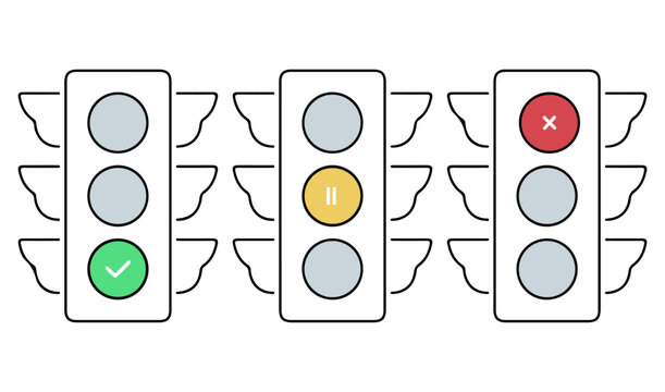 Traffic light status icon set. Editable vector illustration of go, pause, and stop signals with check, pause, and cross marks. EPS decision concept pack