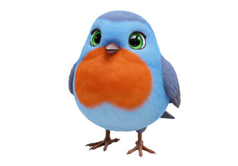 Cute blue robin cartoon character PNG isolated on transparent background, adorable bird with orange chest for animation and design