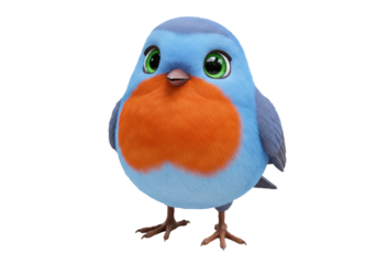 Cute blue robin cartoon character PNG isolated on transparent background, adorable bird with orange chest for animation and design