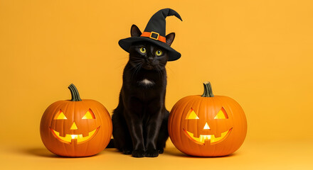 Adorable black cat wearing a witch hat sitting between two carved pumpkins, creating a whimsical halloween scene on orange background
