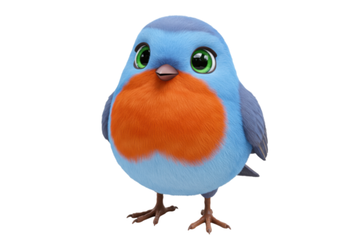Cute blue robin cartoon character PNG isolated on transparent background, adorable bird with orange chest for animation and design