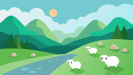 Fototapeta premium Cartoon landscape with sheep and mountains