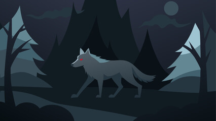 Wolf prowling through a dark forest night