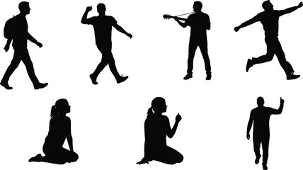 Human silhouette poses vector set with walking, running, sitting, kneeling, pointing, and guitar playing figures for creative lifestyle design.
