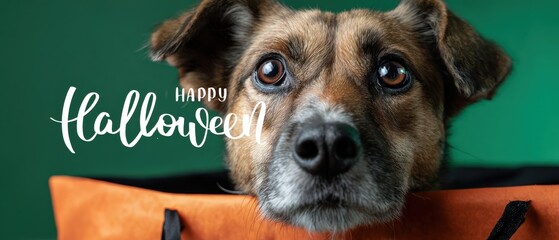 Adorable brown dog with big eyes peeking out of an orange Halloween bag against a green background Festive concept of pet costume, holiday celebration, and spooky season
