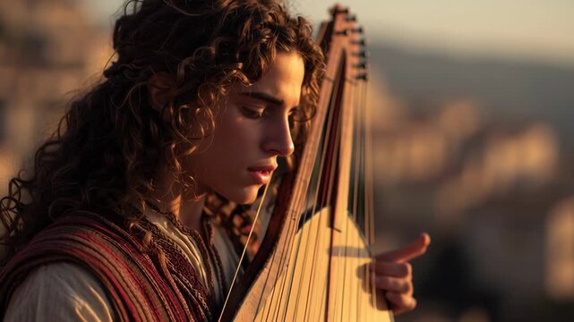 Young man, potentially biblical king David, playing an ancient stringed instrument akin to a psaltery or lyre, during sunset footage.