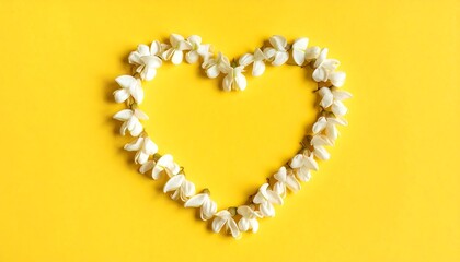 Obraz premium White flowers arranged in heart shape on yellow background