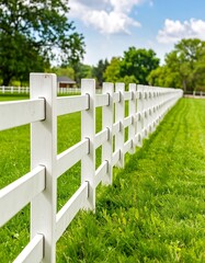 White fence stretches through a grassy field