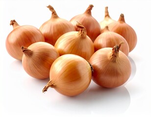 Fototapeta premium Several shallots are arranged randomly to form a small pile, isolated white background, soft shadows blending underneath, studio lighting creates a fresh and natural impression