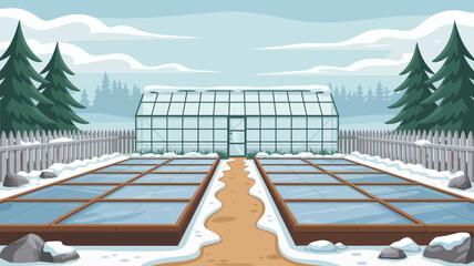 A winter scene with a greenhouse snow covered ground trees and a white picket fence in the background