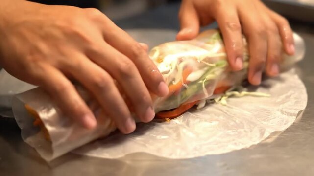 Spring roll being prepared by human hands, showcasing fresh vegetables and noodles wrapped in translucent rice paper on a clean, bright surface.