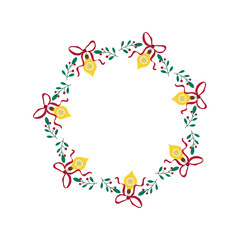 Christmas round frame with red bows, Christmas tree decorations, and winter greenery. Round frame with winter holiday elements. Vector illustration on a white background