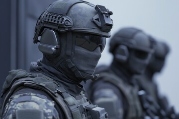 Special forces team preparing for a tactical operation in an urban environment at dusk