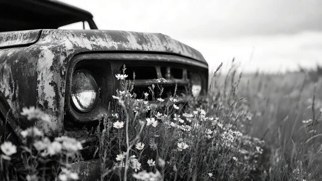 Classic vehicle photographed in monochrome