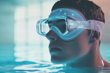 Individual swimming underwater wearing a clear diving mask in a brightly lit pool