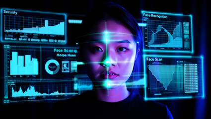 Futuristic face scan technology with asian woman recognition