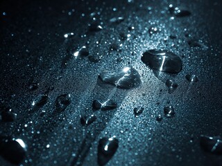 Close-Up Macro Photography of Water Droplets with Moisture and Reflective Surfaces on Dark Background in Blue Tones for Elegant Artistic Nature and Environmental Themes