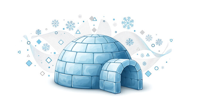 An illustration of a traditional igloo with a smaller entrance tunnel, surrounded by abstract wintery elements like snowflakes and wavy lines.