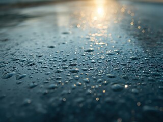 Macro Photography: Macro Close-Up of Water Droplets on Wet Surface with Sunlight Reflection and Rain Texture in Blue Nature Background