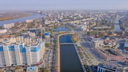 Aerial view of Varvatsi Canal, Astrakhan, Russia, central embankments, modern apartments, historic...