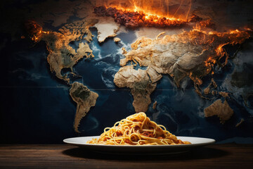 Boiled steaming Italian pasta bowl on map, postcard World Food Day AI Generative