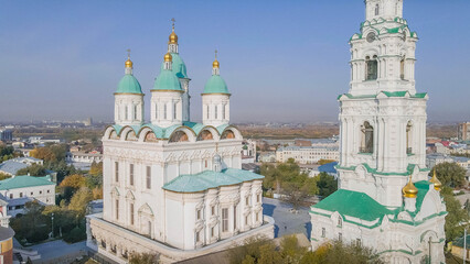 Astrakhan Kremlin, Russia, cathedral and bell tower with green domes, historic Russian Orthodox...