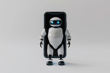 Smartphone mockup with blank chatbot UI, clean white background, futuristic digital assistant concept.