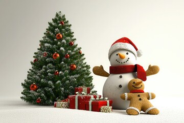 Fototapeta premium 3D depiction of Christmas tree, gingerbread character, and snowman with gifts on white background