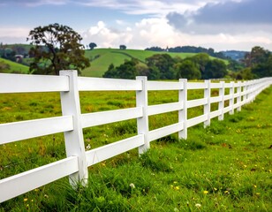 White fence through a grassy field, scenic rural landscape