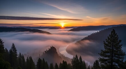 Obraz premium Sunrise Over Foggy Valley - A Serene Landscape.
