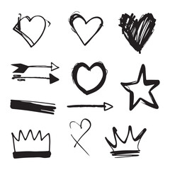 Sketch line arrow element, star, heart shape. Hand-drawn doodle sketch brush love and love element set. a seamless collection of hand-drawn doodle elements in black on a whit background.