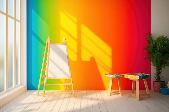 Brightly colored art studio with vibrant wall and sunlight streaming in during the day - Powered by Adobe