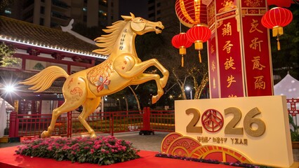 Celebrate the Year of the Horse with vibrant Lunar New Year decorations and traditional red lanterns, perfect for festive celebrations and cultural events