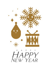 New year poster with cartoon tree toy, drums, snowflake drawing in cute smiling style with beige on white color background