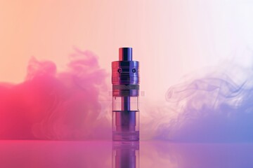 Vaporizer in Vaporous Swirl: An electronic vaporizer stands amidst a swirling cloud of colorful vapor, illuminated by a gradient of pink, blue, and orange hues.