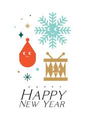 New year poster with cartoon tree toy, drums, snowflake drawing in cute smiling style with color on white background