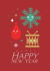 New year poster with cartoon tree toy, drums, snowflake drawing in cute smiling style with color on red background