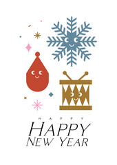 New year poster with cartoon tree toy, drums, snowflake drawing in cute smiling style with color on light background