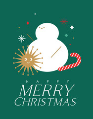 Christmas poster with cartoon snowflake snowman candy drawing in cute smiling style with color on green background