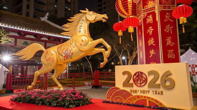 Celebrate the Year of the Horse with vibrant Lunar New Year decorations and traditional red lanterns, perfect for festive celebrations and cultural events - Powered by Adobe