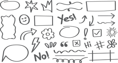 Hand drawn sketch doodle set. Hand drawn line heart, crown, star symbol highlight marker shape. Vector illustration. Hand drawn brush style doodle element set