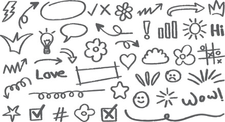 Crayon chalk doodle icon collection in rough sketch style. Hand drawn brush stroke arrows, hearts, stars, crowns, symbols, light bulb, check marks, speech bubbles and sun design shapes. Vector