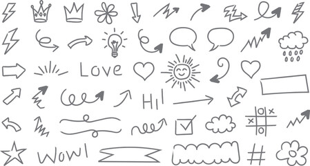 Hand drawn sketch doodle set. Hand drawn line heart, crown, star symbol highlight marker shape. Vector illustration. Hand drawn brush style doodle element set